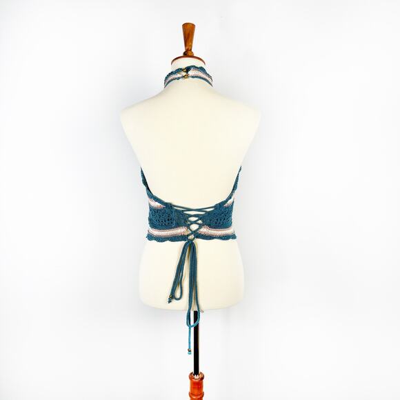 Say What? Blue and White Striped knit crochet halter top retro 90s Size Large - Picture 2 of 8